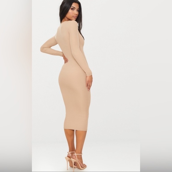 Pretty Little Thing Basic Stone Ribbed Sleeve Midi Dress in Size 2 - Picture 2 of 5